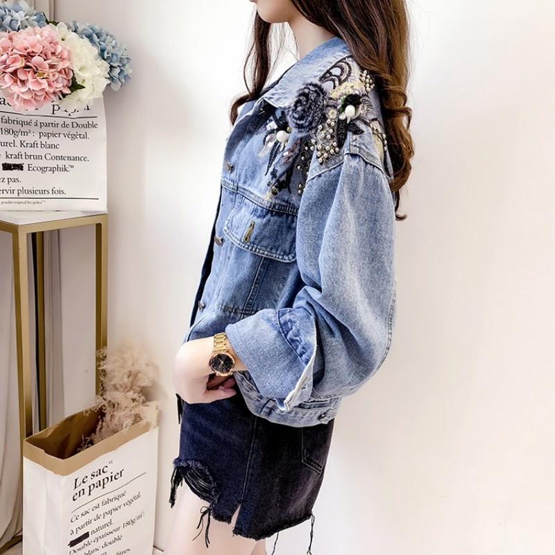 

Women's Jackets Women Steetwear Casual Loose Fit Denim Jacket Flower Sequined Embroidery Beads Jeans Coat Fashion Chaqueta Outerwear, Blue