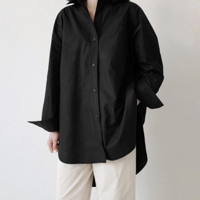

Women's Blouses & Shirts Turn-Down Collar Solid Color Long Sleeve Single Breasted Women Shirt High-low Hem Side Split Loose Female Clothing, White
