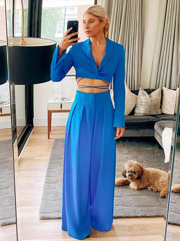 

Women's Suits & Blazers Women 2022 Spring Summer Fashion Lace Cropped Satin Blazer Coat Vintage Long Sleeve Female Outerwear Chic Pants SetW, Color2