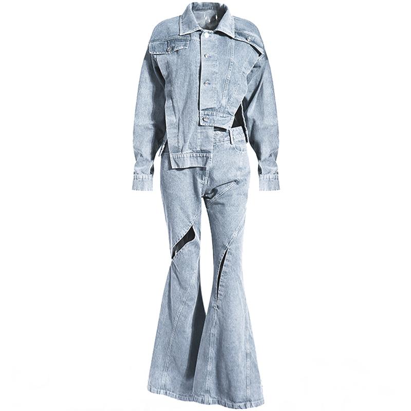 Femmes Deux Pièces Pantalons Ensemble Femmes Denim Veste Manteau Printemps Automne Asymétrique Taille Haute Découpe Flare Jeans PantalonsFemmes