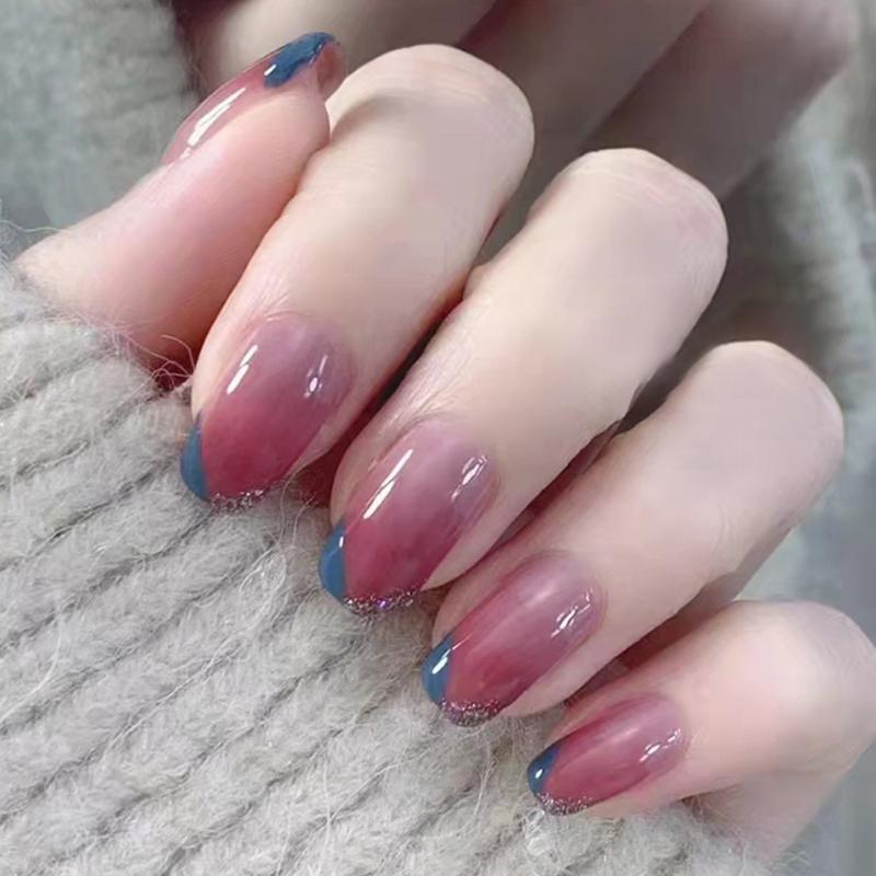 

False Nails 24pcs/set Fake Glitter With Glue Gradient Red Girls French Sweet Style Short Square Press On NailsFalse, Jelly glue model