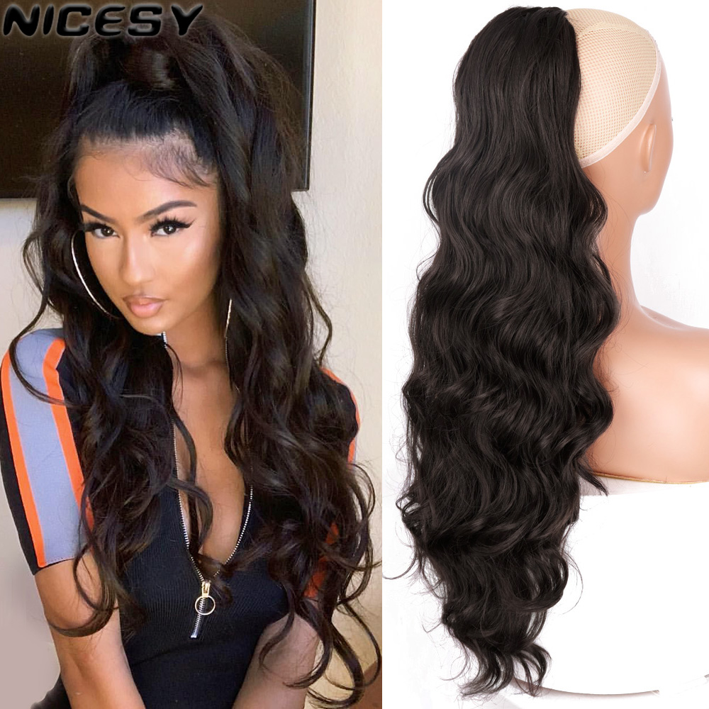 Costume Accessories Synthetic Long Body Wavy Drawstring Ponytail For Women Wave Hair Extension Clip In Hairpiece Black Brown Fake Hair-image-773023374