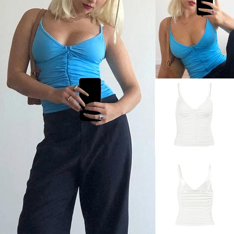

Women' T-Shirt Women' Sexy Slim Solid Color Vest U-Neck Pleated Zipper Small SlingWomen, Blue