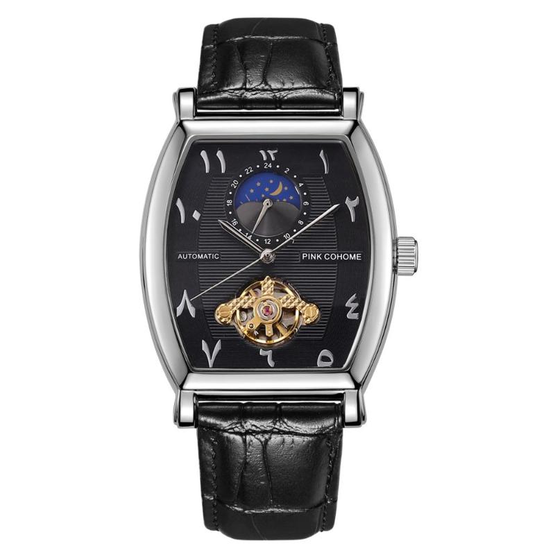 

Wristwatches Arabic Numbers Watch Tourbillon Automatic Arab Numerals Tonneau Islamic Mechanical Movement Arabian Jewish Wristwatch Saat Udru, Black strap
