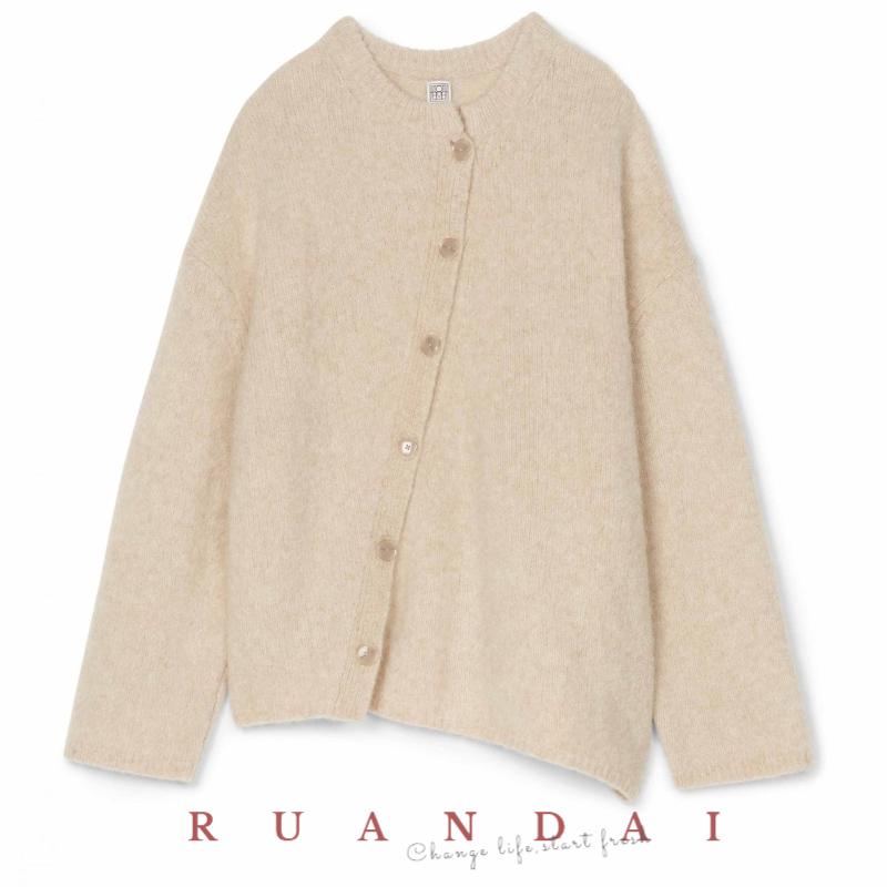 

Women's Knits & Tees Cashmere Long-sleeved Cardigan For Toteme 2022 Winter Asymmetric Mohair Loose Version Oblique Row Button Sweater WomenW, Apricot