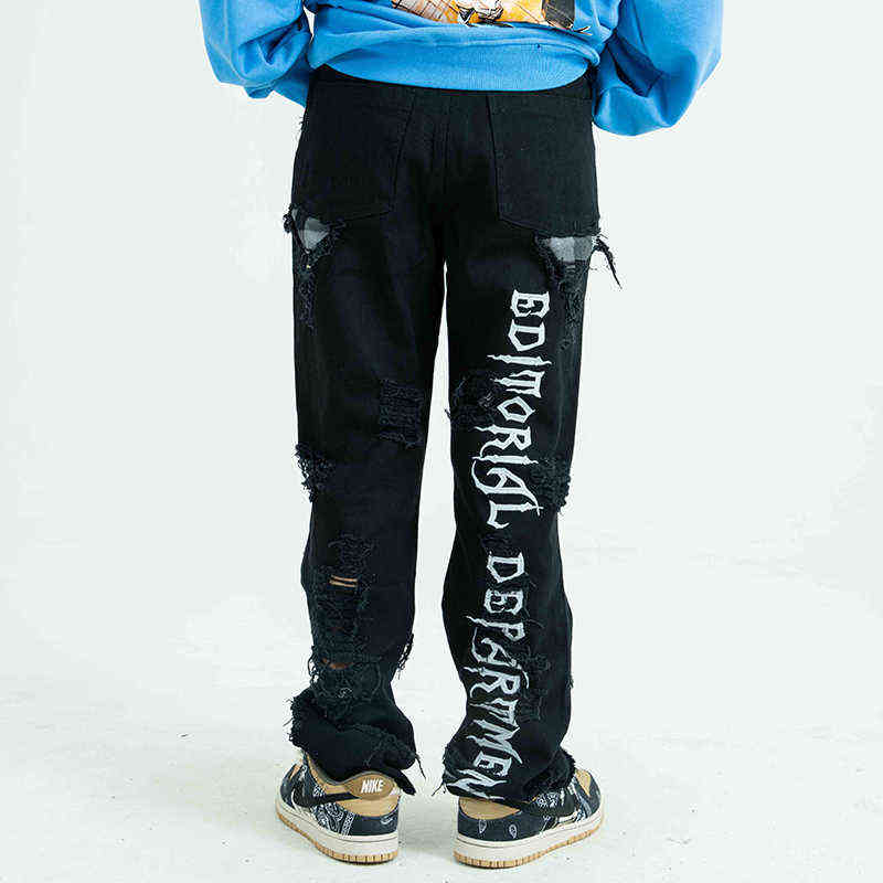 

Washed Ripped Hole Jeans Men Harajuku Distressed Letter Embroidery Loose Casual Patchwork Denim Trousers Black Edging Pants T220803