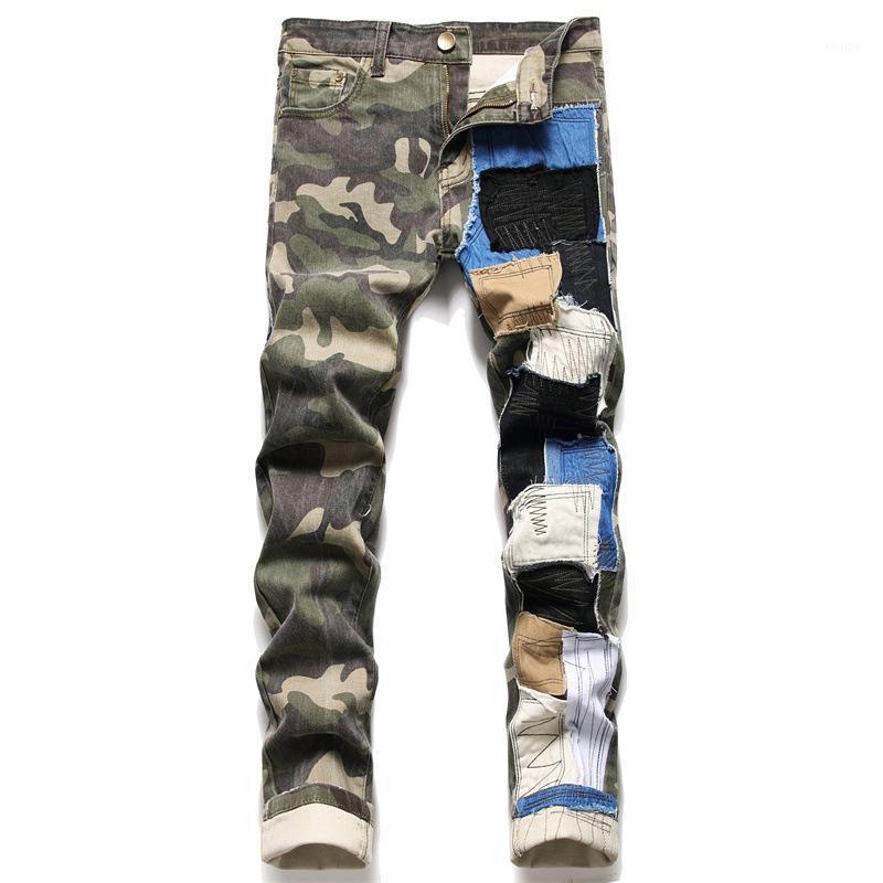 

Men's Jeans Men Camouflage Patchwork Trendy Patches Slim Straight Denim Pants Stretch Trousers, Multi