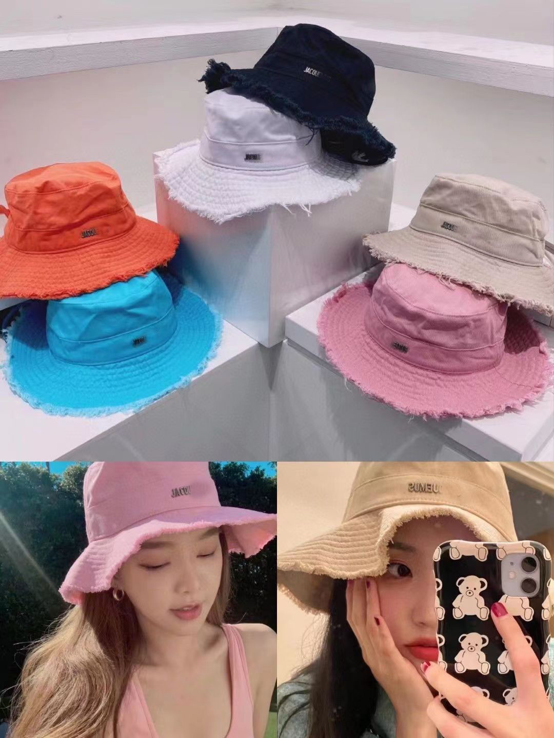 

Woman Frayed Bucket Hat Summer Le bob Street Wide Brim Hats Casual Men With Logo, Blue