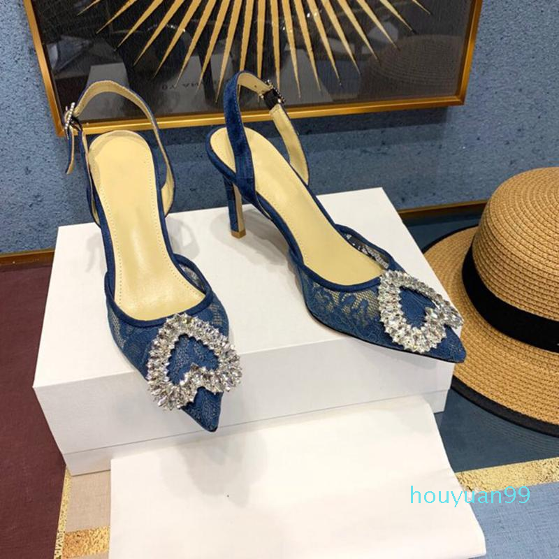 

Fashion Dress Shoes Sexy Pointed Toe Women's Pumps 2021 Fashion Crystal Solid Mesh Shallow High Heels Ankle Straps Sandals, Blue