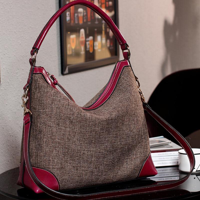 

Evening Bags Designer Luxury Genuine Leather Women Handbag Hobo Big Shoulder Linen Fabric Messenger Bag Real Cowhide High QualityEvening, Beige