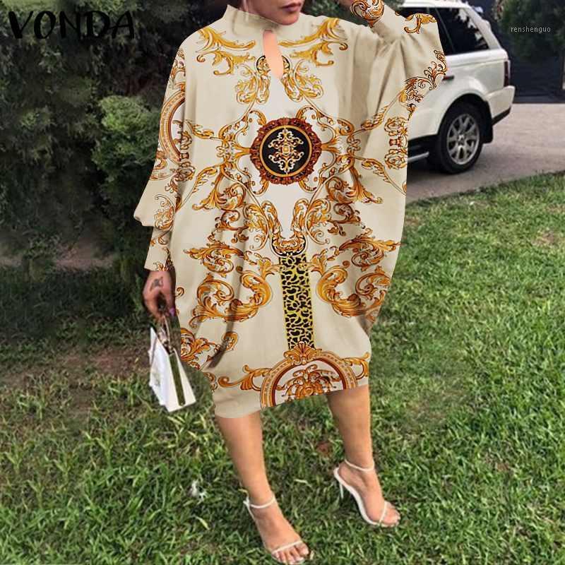 

Casual Dresses Women Holiday Elegant Dress 2022 VONDA Long Sleeve O Neck Floral Print Kaftan Loose Midi Robe Femme, Beige