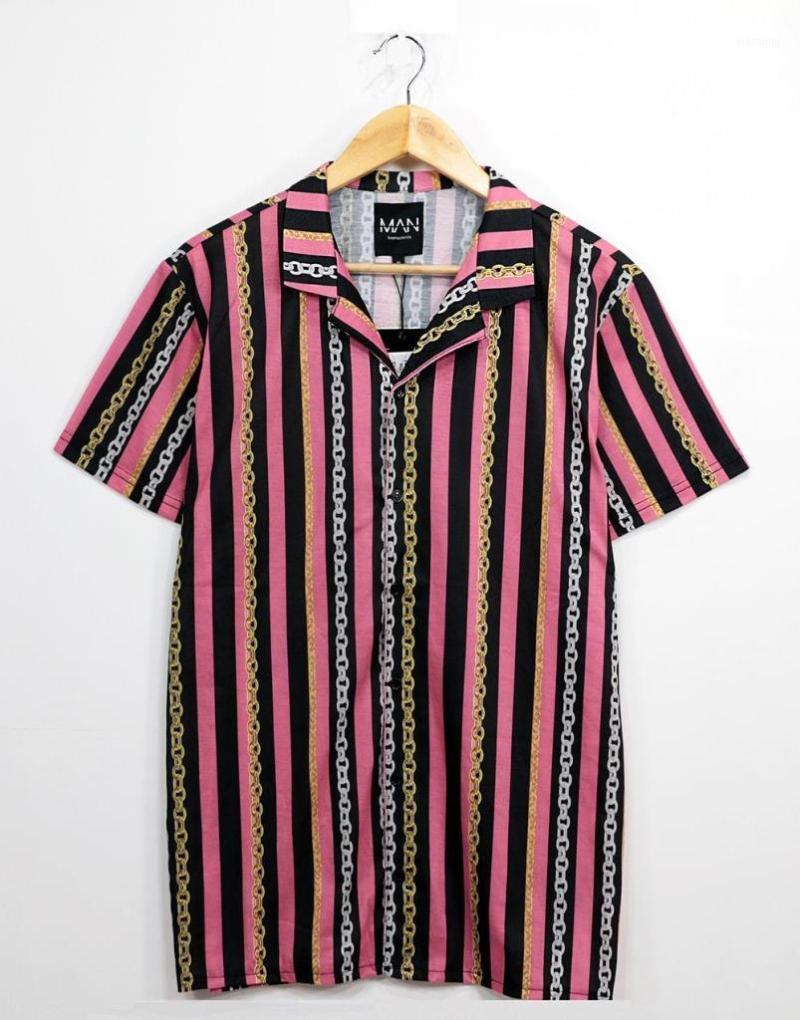 

Men's Casual Shirts Striped Pink And Chain Hawaiian Shirt, As pic