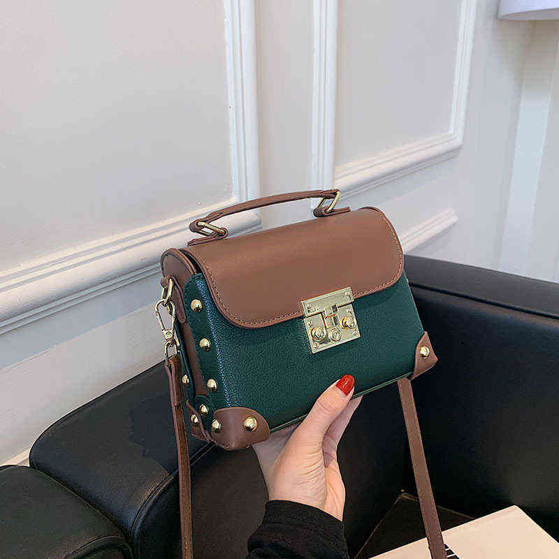 

Evening Bags Contrast Color Pu Leather Crossbody for Women Luxury Rivet Female Shoulder Bag Metal Lock Ladies Small Purses and Handbags 220727, Green bag