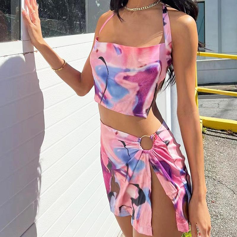 

Women' Swimwear Summer Sexy Slim Suit Printed Bandage Vest Split Skirt Female 2022 SE4908Women, Pink