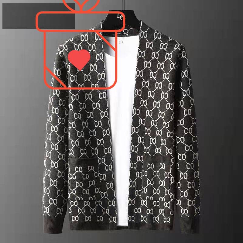 

2022 Luxury Letter Printed Cardigan Jacket Men Designer Brand Fashion Pocket Knitted Cardigan Sweater Coat Men Casual Sweater, Brown
