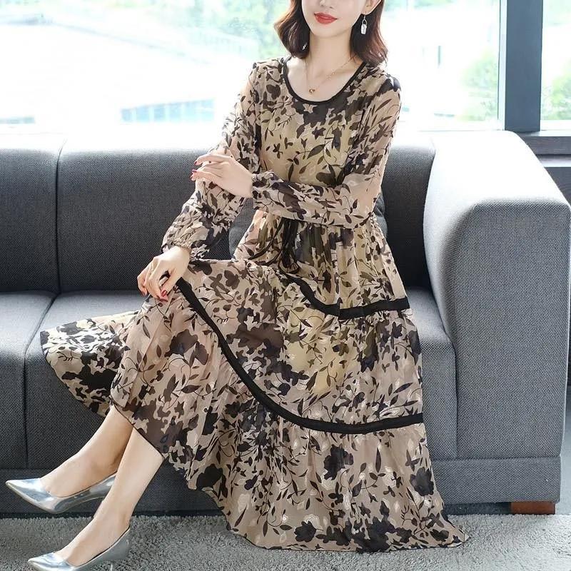 

Casual Dresses High-end Women 2022 Spirng Summer Cake Patchwork Big Swing Vintage Print Long Sleeve Female Dress LJ3029, Khaki