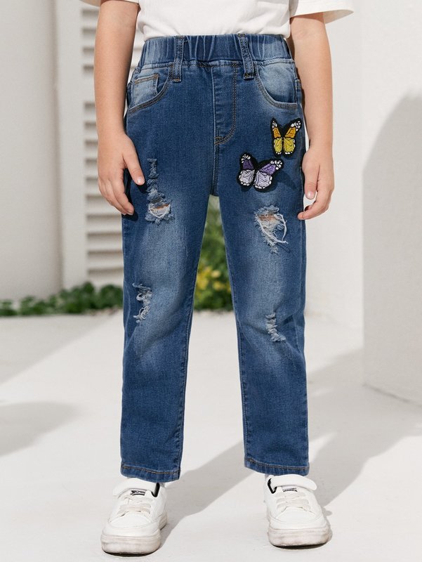 

Toddler Girls Butterfly Patch Detail Ripped Jeans SHE, Medium wash
