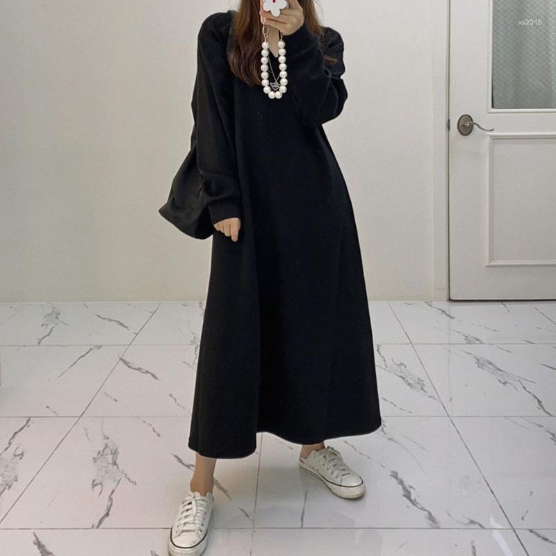 

Casual Dresses 2022 Autumn Winter Women Dress Korean Fashion Solid Color V-neck Long Sleeve Loose Simplicity Hoodie, Black