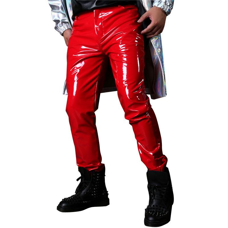 

Men's Pants Men Casual Patent Leather Pant Male Streetwear Fashion Hip Hop Slim Fit Dance Party Stage Costumes Singer TrousersMen's, Red