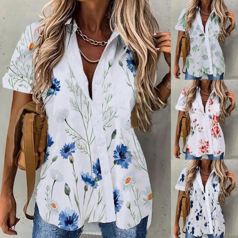 

Women' Blouses & Shirts Fashion Summer Women Elegant Turn-down Collar Button Short Sleeve Casual Office TopsWomen, Green