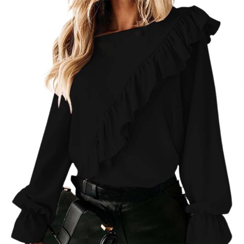 

Women' Blouses & Shirts Fashion Women Blouse 2022 Solid Color Shirt Soft Round Neck Flare Long Sleeve Lady Streetwear For Daily Wear Tops, Pink