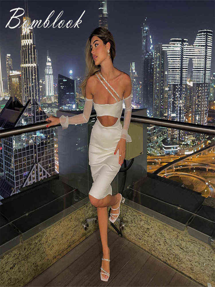 

Bomblook X22DS171 2022 Summer New Solid Color Chest Wrap Hollow Mesh Long Sleeve Hip Wrap Dress Female Shining Bandage Y220401, X22ds171-wt