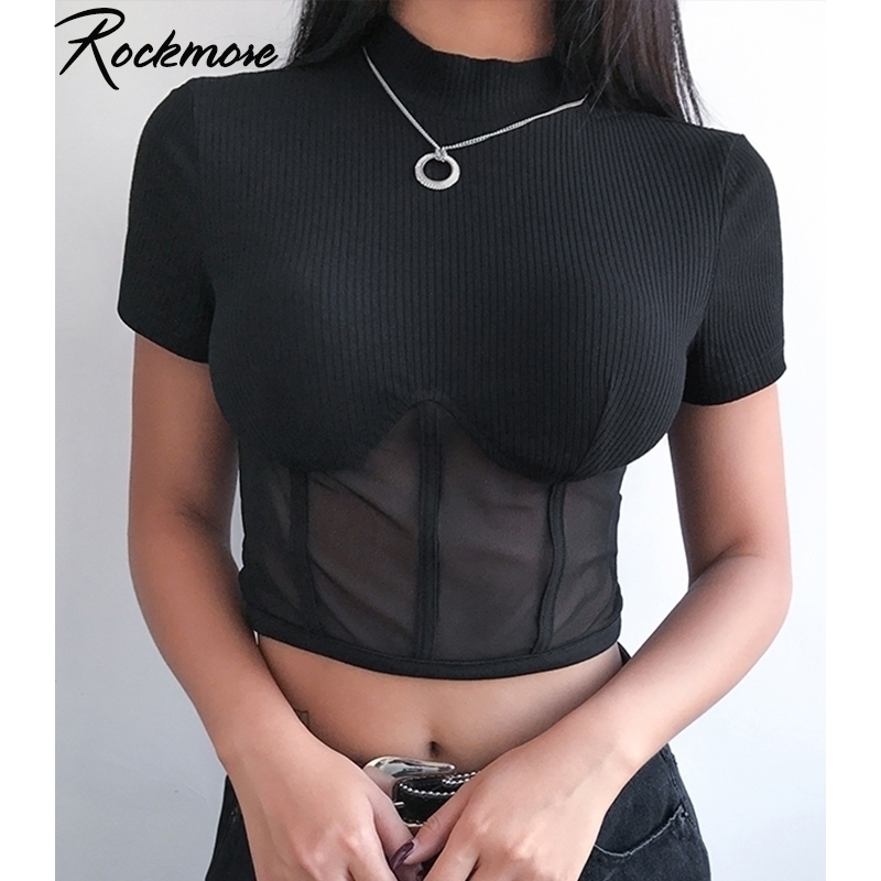 

Rockmore Black Ribbed Patchwork Shirt Women Harajuku Long Sleeve Mesh Hollow Out Crop Top Skinny Tees Tshirt Femme Basic TShirt Y200412, Short sleeve