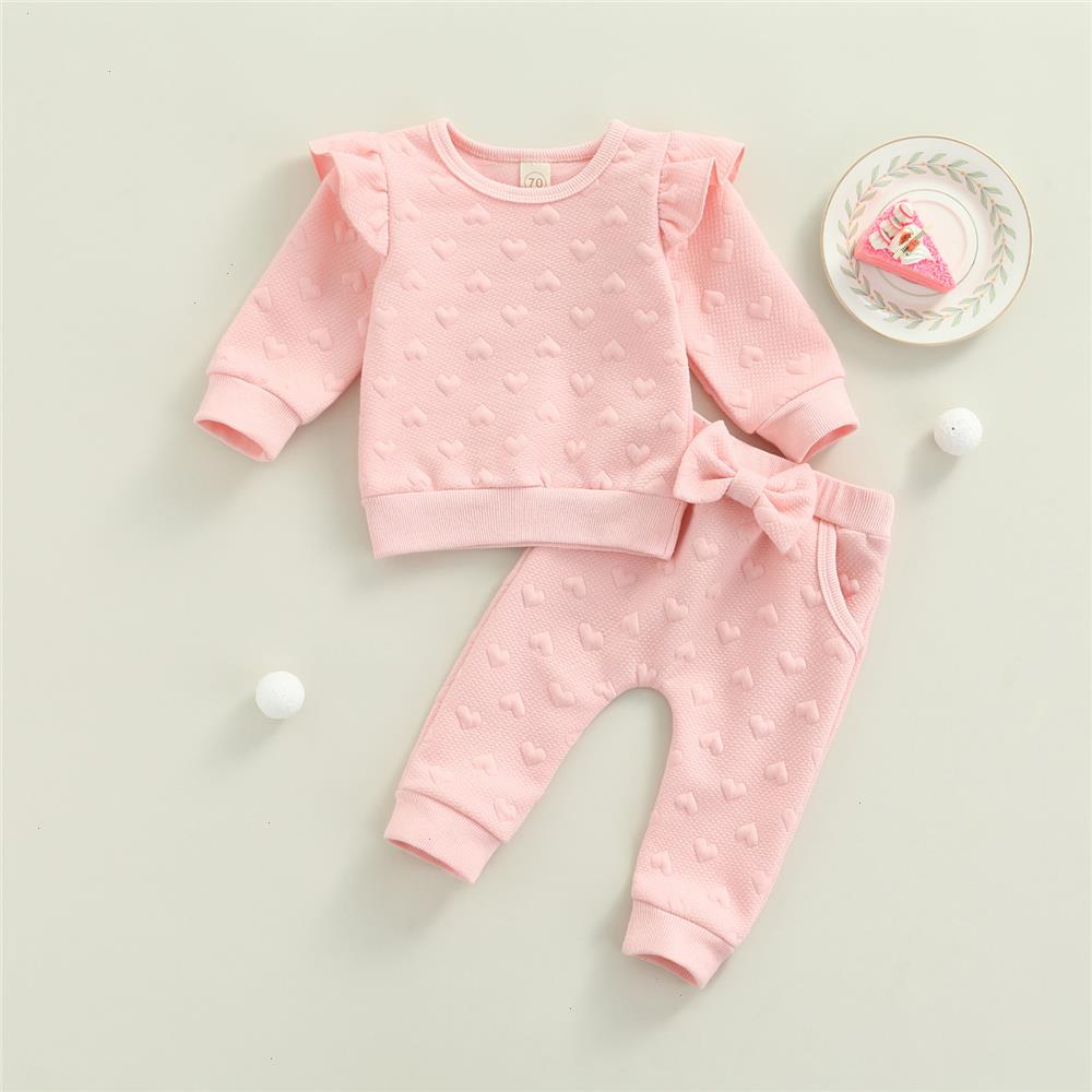 

0-24 Months Newborn Baby Girl 2pcs Clothes Set Toddler Kids Cute Pink Solid Color Ruffle Long Sleeve Tops Bowknot Trousers