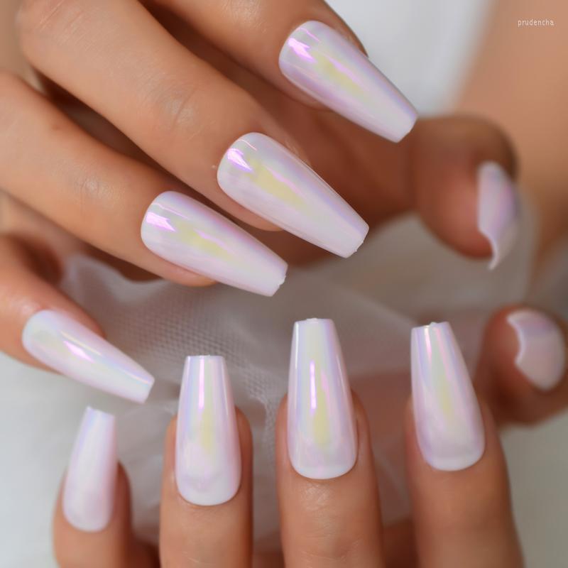

False Nails Long Coffin Chrome Fake Ballet Pink Glossy Gel Nail Art Tips Full Cover Acrylic Kit With Glue Sticker For Women Prud22, L6093