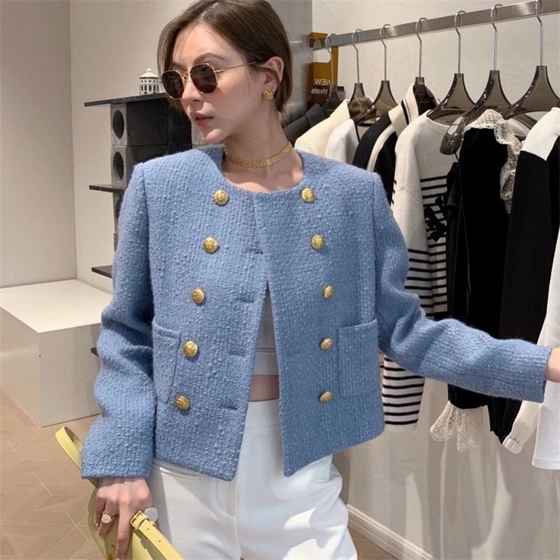 Spring Korean Womens Clothes Pocket Tweed Double Breasted Ladies Coat Outerwear Blends Wool Female Elegant Luxury Jacket Top 220817