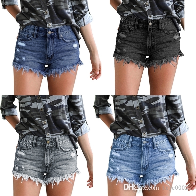 

Hole Tassel Women Jeans Summer Elastic Blue Denim Shorts Female Casual Short Pants Fashion Clothing, Gray