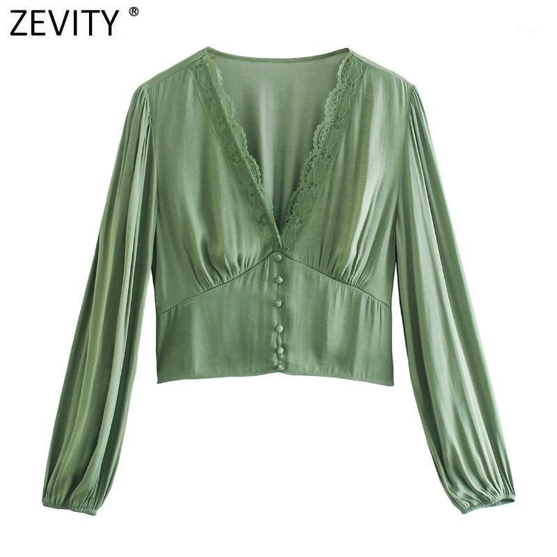 

Women' Blouses & Shirts Zevity Women Fashion Lace Patchwork V Neck Solid Stin Short Smock Lady Chic Long Sleeve Slim Crop Tops LS9740, As pic ls9740daa