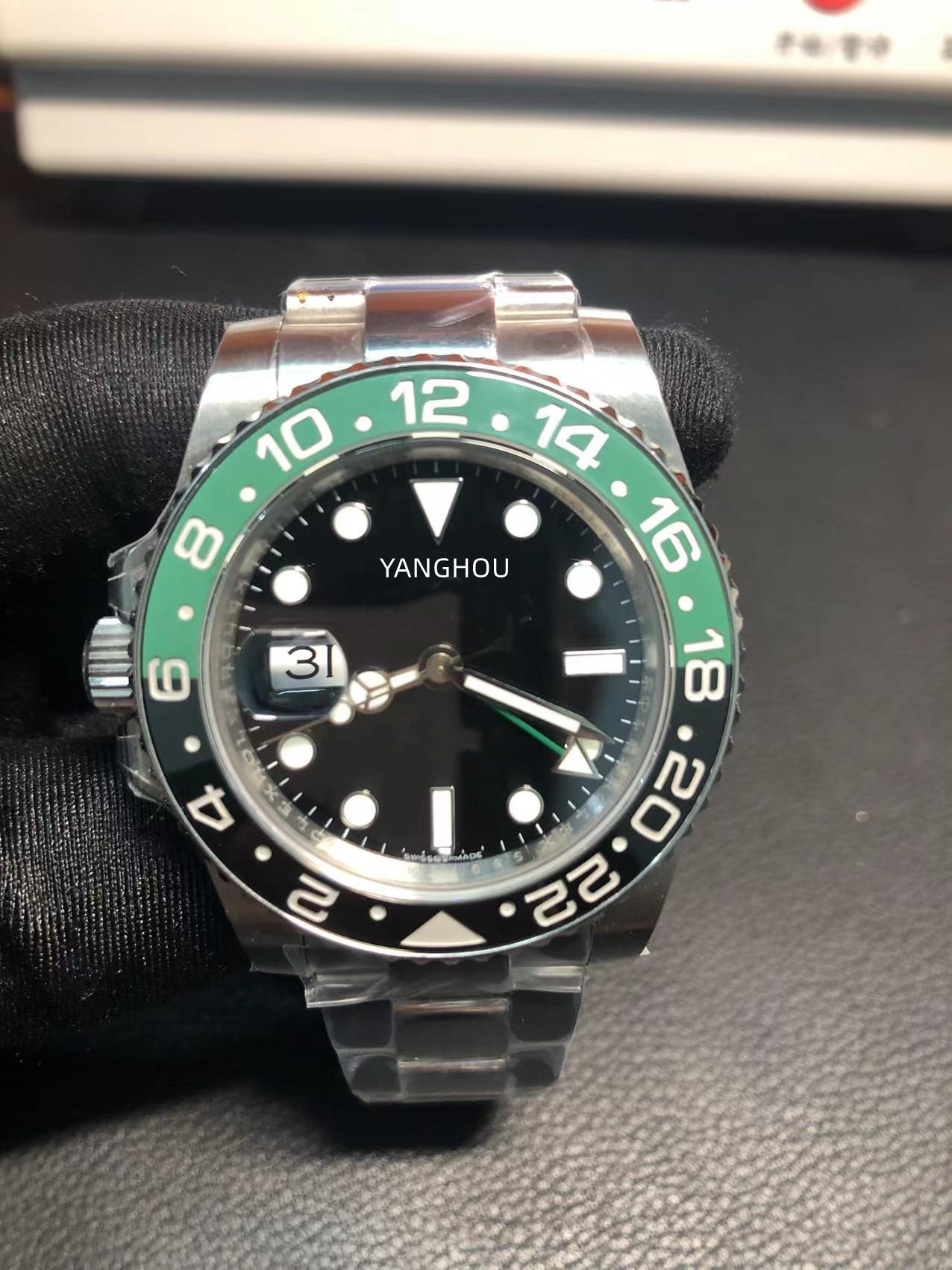 

BP factory man left-hand watches Automatic machine asian movement 40MM 316L fine steel watchband V4 rotating black green ceramic ring Sapphire glass watch