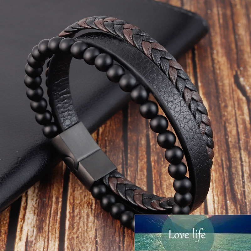 

Beaded Strands Natural Stone Volcanic Rock Leather Bracelet Stainless Steel Leather Braided Bracelets Multi-Layer Men's Titanium Steels Jewelry