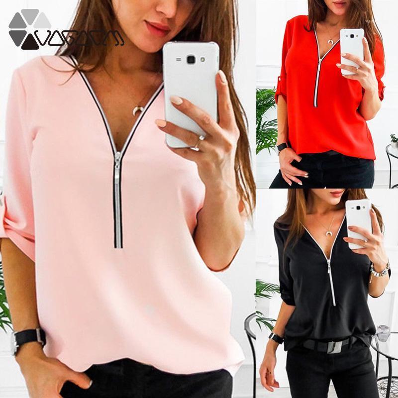 

Plus Size 5XL Women' Blouses Roll Long Sleeve Shirt Top Solid Color Zipper Elegant Casual Work Women Sexy Pullover Tops & Shirts, Black