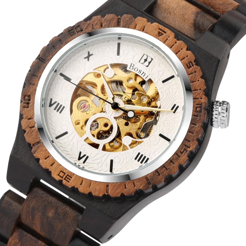 

Wristwatches Full Wooden Automatic Men Watch Roman Numeral Golden Skeleton Stainless Steel Dial Wood Bracelet Watchband Vintage Stylish Cloc, A-no box