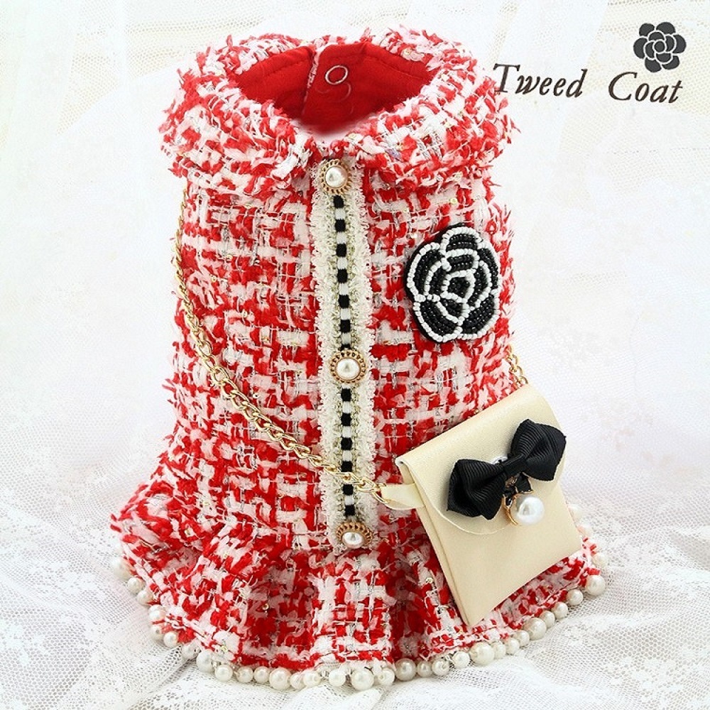 

Handmade Dog Apparel Tweed Pet Clothes Dog Coat Couples Dress Vest Outfit Red Color Pearls Skirt C Style with Chain Bag Accessories Poodle