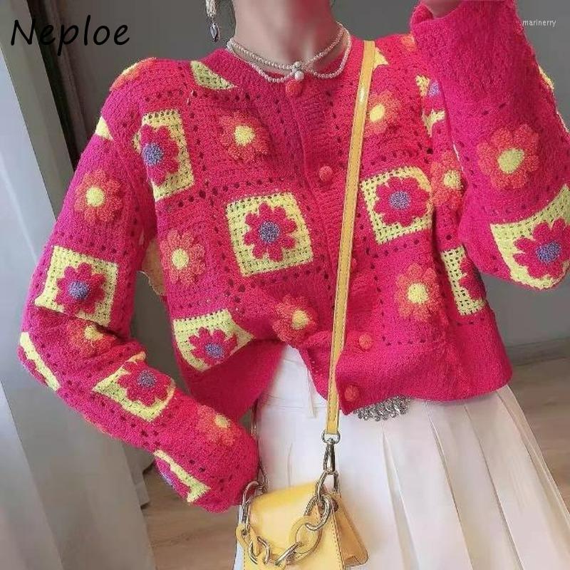 

Women's Knits & Tees Neploe Korean Trendy Simple Cardigan O Neck Long Sleeve Hollow Out Sweater Contrast Color Patchwork Flower Single-breas, Pink