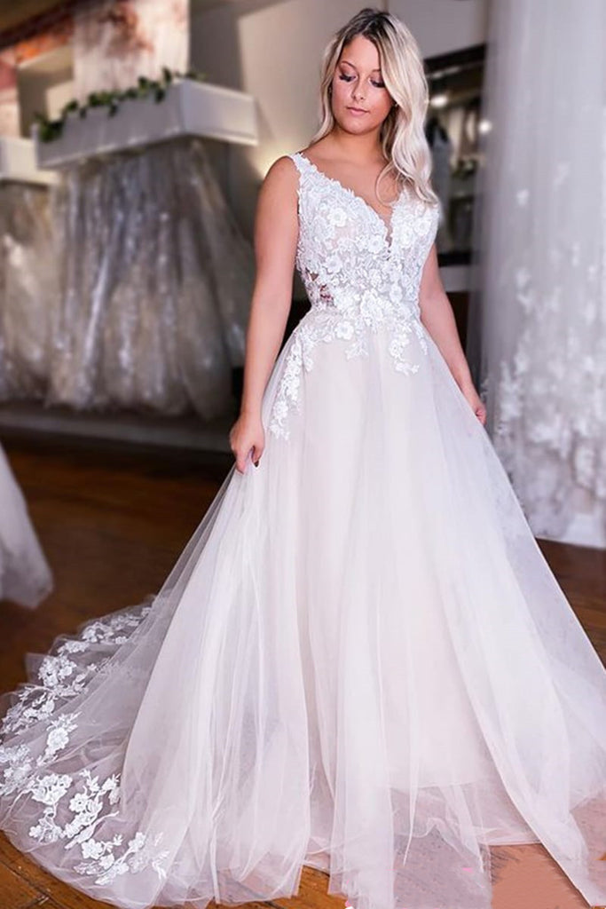 A-line V Neck Lace Appliques Tulle Wedding Dresses Backless Sweep Train Bridal Gowns-image-760067891