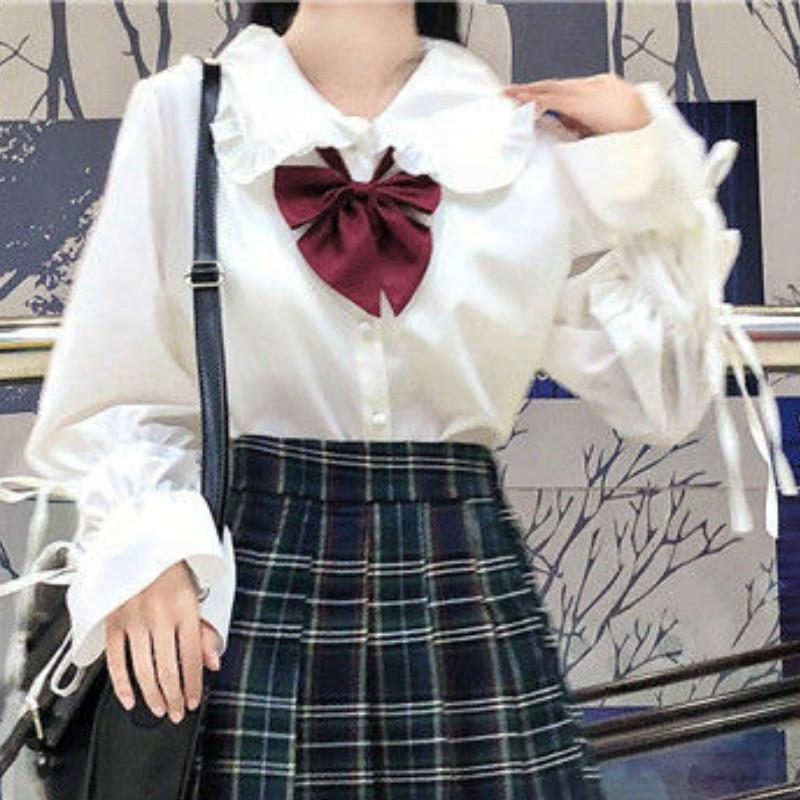 

Women's Blouses & Shirts Spring/Autumn Japanese Lolita Girl Solid Bow Shirt Gentle Fairy Sweet JSK Uniform Preppy Puff Sleeve Top Blouse Wom, Black shirt