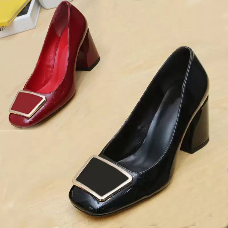 

Classic Designer Dress shoes leather Thick heel high heels 100% cowhide Round head Square metal buckle women High heeled boat shoe Large size 35-40-41-42 us4-us11 With box, Extra box