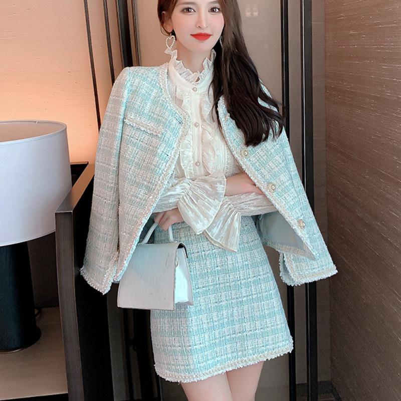 

Work Dresses High Quality Fall Winter Vintage Tweed Two Piece Set Women Crop Top Woolen Jacket Coat + Skirt Suits Small Fragrance 2, Picture color