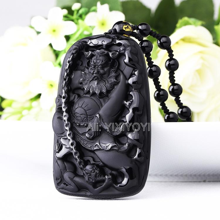 

Pendant Necklaces Natural Black Obsidian Hand Carved Chinese ZhongKui The Ghost Catcher Amulet + Beads Necklace Fashion Jewelry