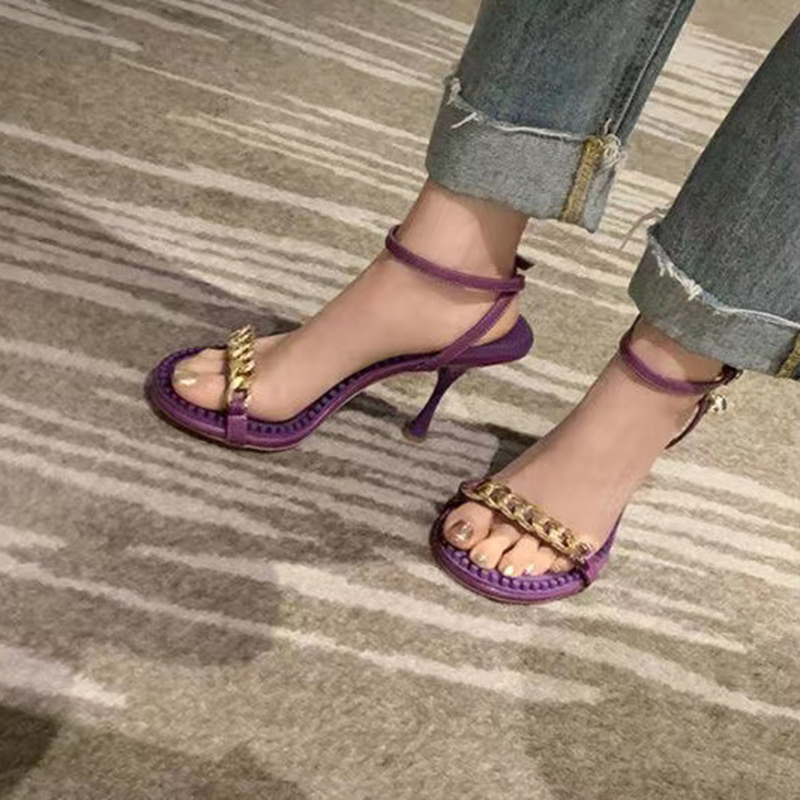 

Womens Massage Fingerboard High-Heeled Designer Sandals Women Wear Luxury Metal Chain Small Golden Ball One-Sided Belt Classic High Heels, Color 2