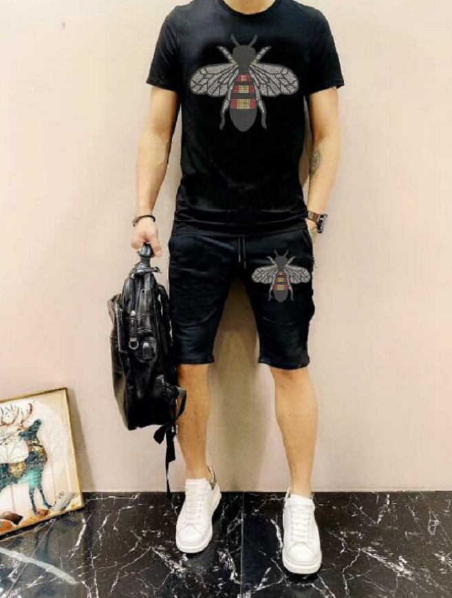 

Summer Men's Tracksuit hot drill Hip Hop Fashion jogging Sets Short Sleeve 2022, Black