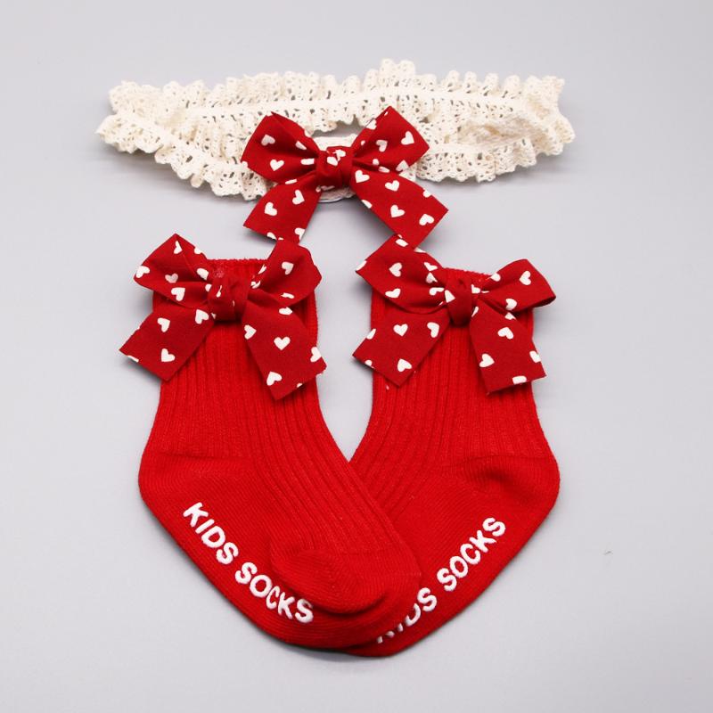 

Hair Accessories 2 PCS/Set Cotton Baby Socks Girl Toddler Cute Born + Bow Headband Infant Slip Glue Birthday Sock 6-18Months, Red