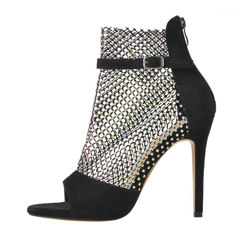 Richealnana femme noir maille sandales Peep Toe dos Zip talons hauts bride à la cheville boucle strass dames chaussures grande taille US5-15