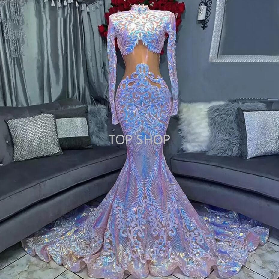 

White Long fishtail evening Dresses 2022 High Neck Long Sleeve Sparkly Colorful Sequined Mermaid African Aso ebi Black Girls Prom Gala Gowns EE, Gold