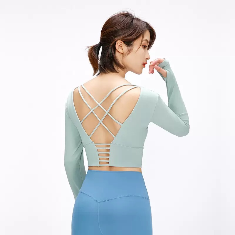 

22s New LuLus women half navel open tops yoga long-sleeved T-shirt sexy cross-body beauty back outdoor shirt running sports fitness jacket gym clothes, I need see other product