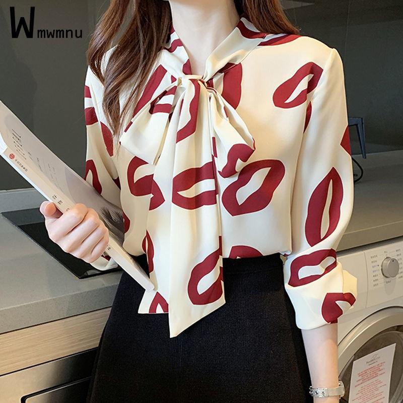 

Women's Blouses & Shirts Women Chiffon Design Printed Lace Up Bow Ladies Full Sleeve Single Breasted Casual Shirt Offlce Lady Korean Chic To, Black